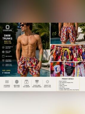 Overtime Men's Graphic Print Swim Trunks Mesh Lined 5" Inseam Size L NWOT